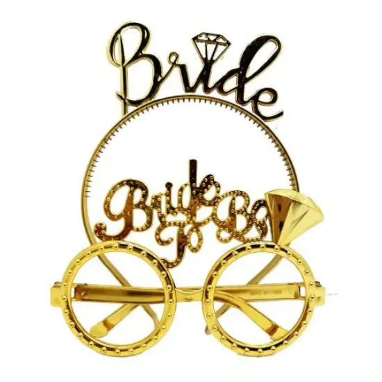 Bride Yazılı Taç ve Bride To Be Yazılı Gözlük Seti Altın Renk  resmi