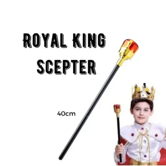 Çocuk Boy Altın Renk Kral Tacı ve Kırmızı Topuzlu Kral Asası resmi