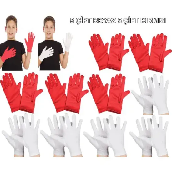 Çocuk Gösteri Eldiven Seti – 5 Çift Beyaz &amp; 5 Çift Kırmızı resmi