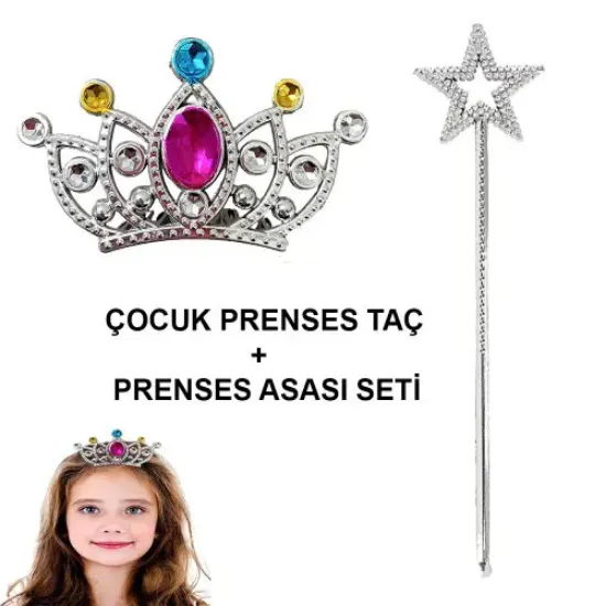 Çocuklar İçin Taraklı Prenses Tacı ve Prenses Yıldız Asa Seti Gümüş resmi