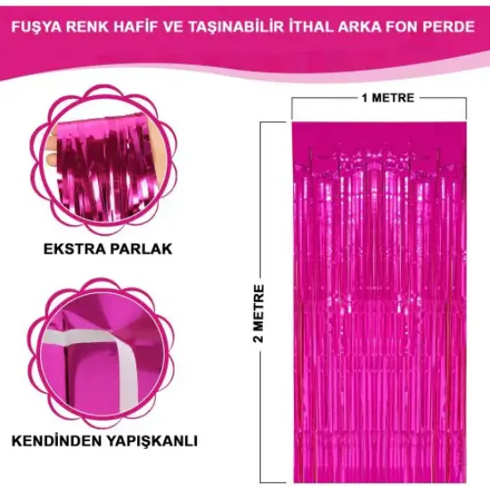 Ekstra Metalize Parlak Saçaklı Arka Fon Perde Fuşya resmi