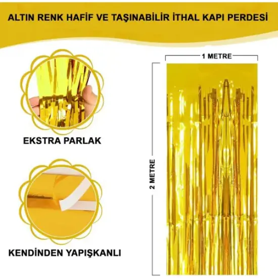 Ekstra Metalize Parlak Saçaklı Arka Fon Perde Gold resmi