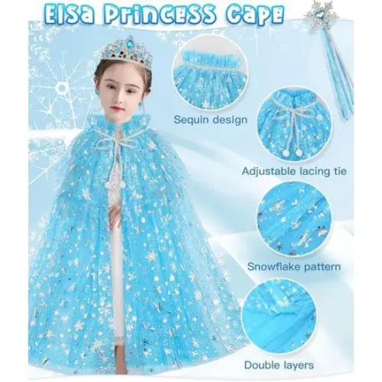 Frozen Elsa Pelerin Taç Asa ve Eldiven Seti 80 cm  resmi