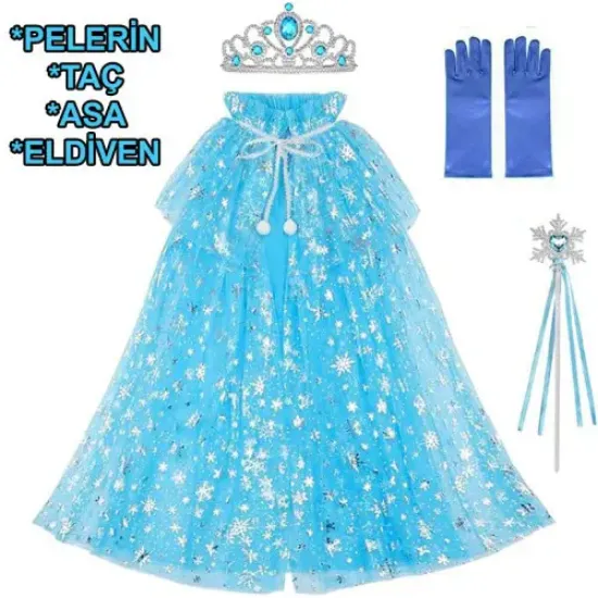 Frozen Elsa Pelerin Taç Asa ve Eldiven Seti 80 cm  resmi