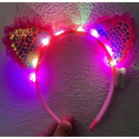 Fuşya Pullu Led Işıklı Kedi Kulak Taç resmi