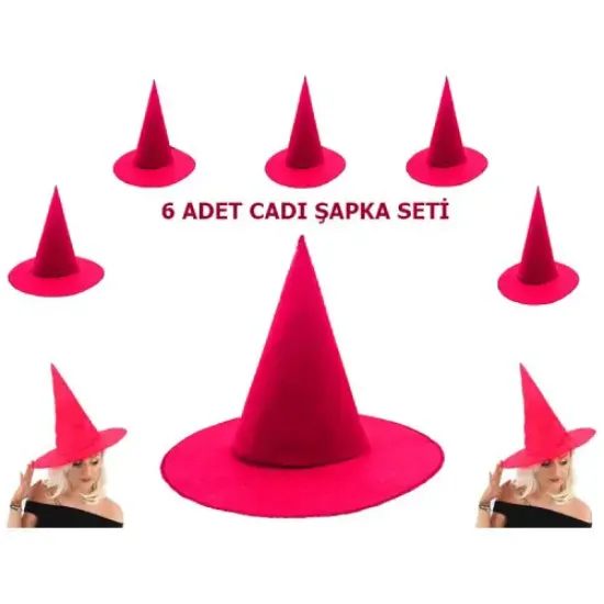 Fuşya Renk Keçe Cadı Şapkası 6 Adet resmi