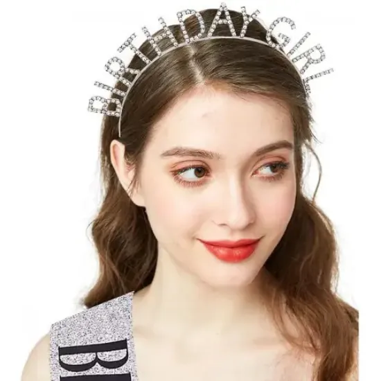 Gümüş Kristal Taşlı Birthday Girl Tacı resmi
