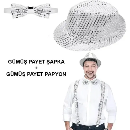 Gümüş Payetli Şapka ve Papyon Seti – Parıltılı Yetişkin Kostüm Seti resmi