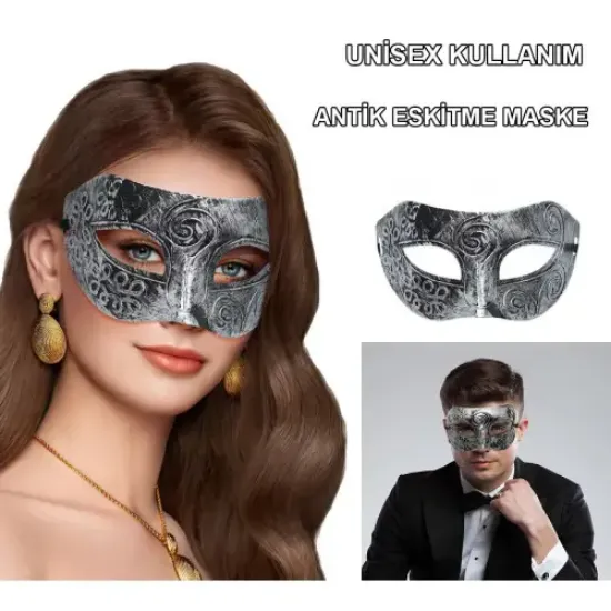 Gümüş Renk Antik Tarz Balo Maskesi  resmi