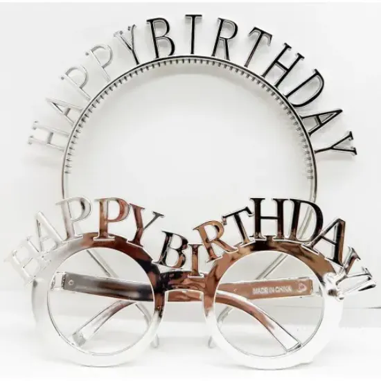 Happy Birthday Taç ve Gözlük Seti Gümüş Renk resmi