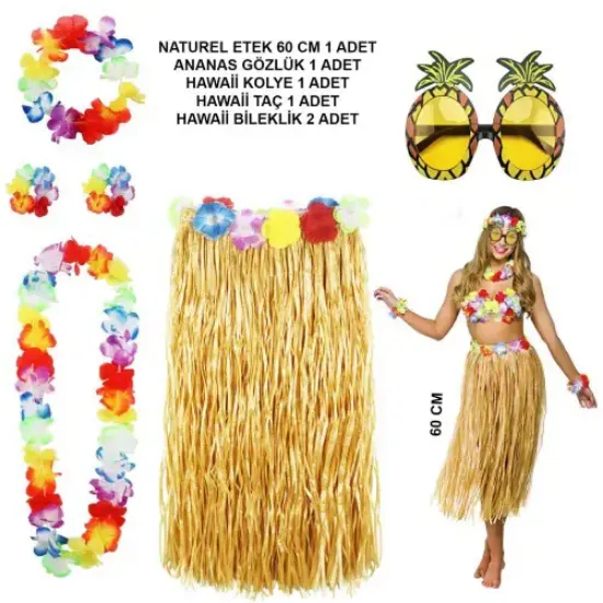 Hawaii Parti Kostüm Seti - 60 cm Hasır Etek, Çiçekli Aksesuarlar ve Ananas Gözlük resmi