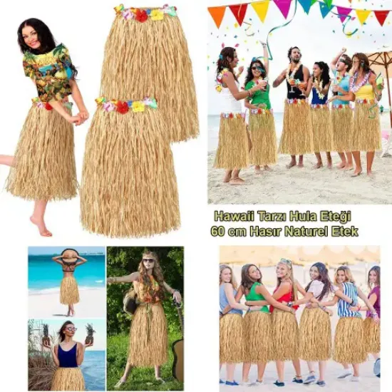 Hawaii Tarzı Hula Eteği – 60 cm Hasır Natural Etek resmi