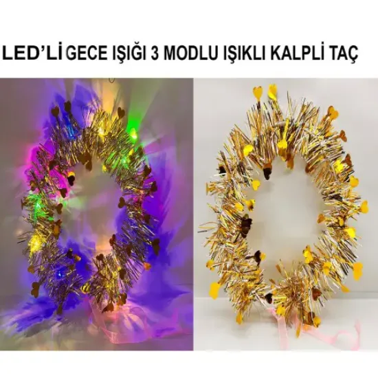 Kalp Püsküllü 3 Modlu LED Işıklı Taç Altın Renk resmi