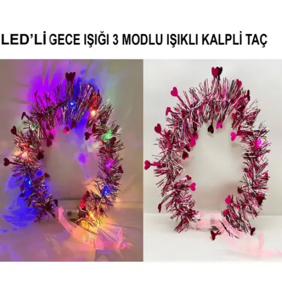 Kalp Püsküllü 3 Modlu LED Işıklı Taç Fuşya Renk resmi