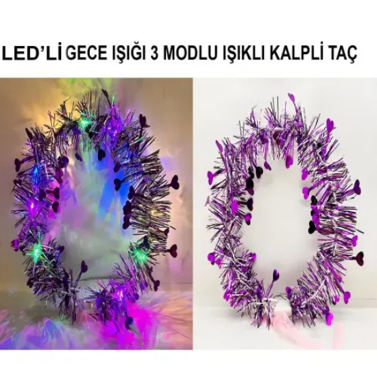 Kalp Püsküllü 3 Modlu LED Işıklı Taç Mor Renk resmi