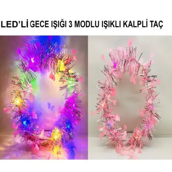 Kalp Püsküllü 3 Modlu LED Işıklı Taç Pembe Renk resmi