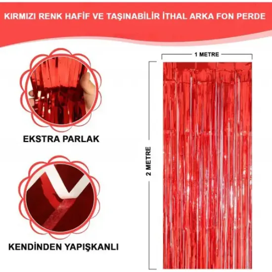 Kırmızı Metalize Parlak Saçaklı Perde resmi