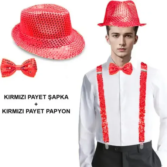 Kırmızı Payetli Şapka ve Papyon Seti – Parıltılı Yetişkin Kostüm Seti resmi