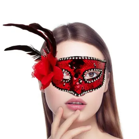 Kırmızı Yandan Tüylü Güllü Taşlı Pullu Maske resmi