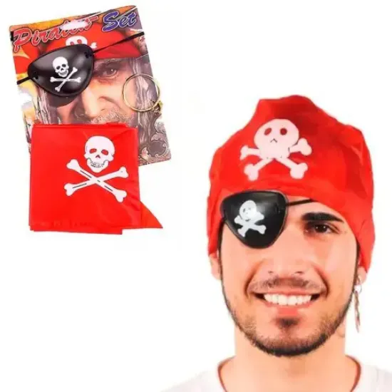 Korsan Bandana, Göz Maskesi ve Küpe 3'lü Kostüm Seti resmi