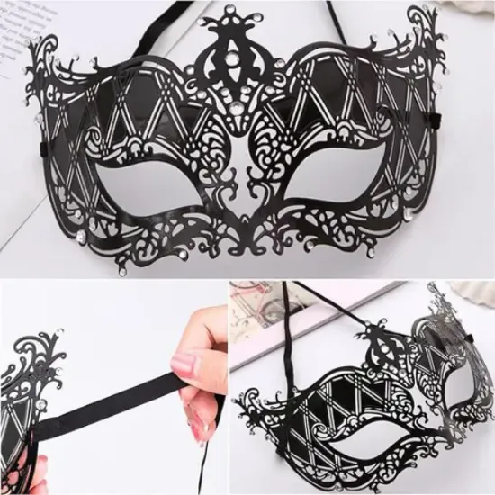 Kristal Gümüş Taşlı Siyah Lazer Kesim Metal Lüks Maske resmi