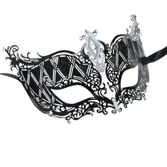 Kristal Gümüş Taşlı Siyah Lazer Kesim Metal Lüks Maske resmi