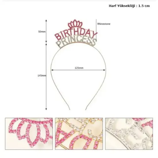 Kristal Taşlı Birthday Princess Yazılı Parti Tacı Pembe Renk  resmi