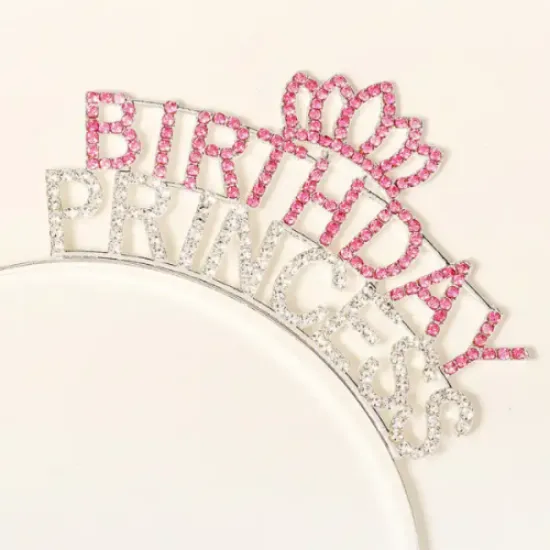 Kristal Taşlı Birthday Princess Yazılı Parti Tacı Pembe Renk  resmi