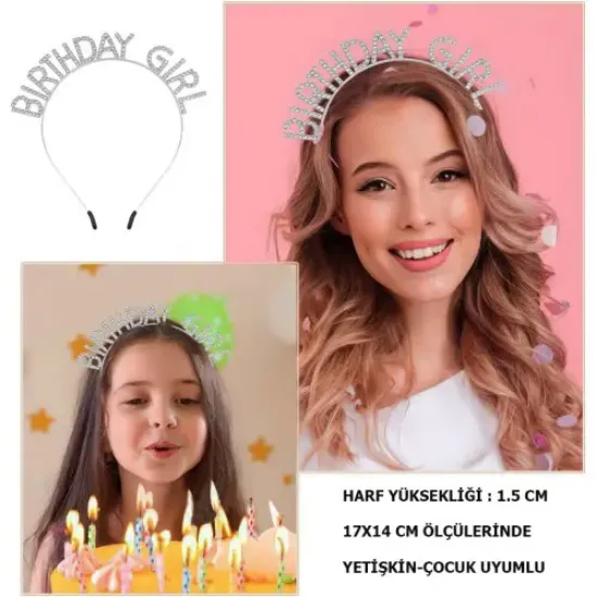 Kristal Taşlı Gümüş Birthday Girl Parti Tacı resmi