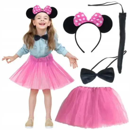 Minnie Kostüm Seti (Pembe Tütü Etek + Pembe Taç + Papyon + Kuyruk) resmi