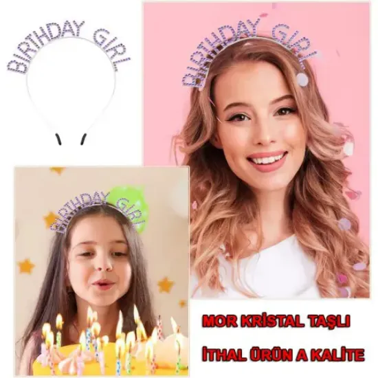 Mor Renk Kristal Taşlı Parlak Birthday Girl Yazılı Taç resmi