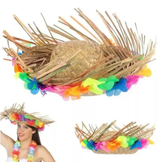 Natural Renkli Püsküllü Örme Hasır Hawaii Şapka  resmi