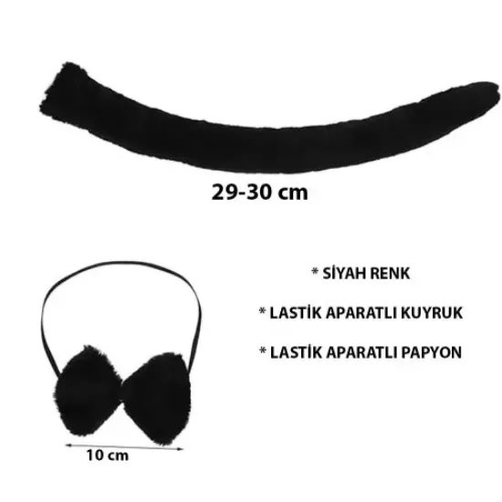 Peluş Siyah Renk Kuyruk ve Papyon Yetişkin Çocuk Uyumlu resmi