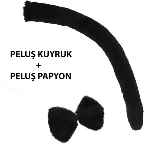 Peluş Siyah Renk Kuyruk ve Papyon Yetişkin Çocuk Uyumlu resmi