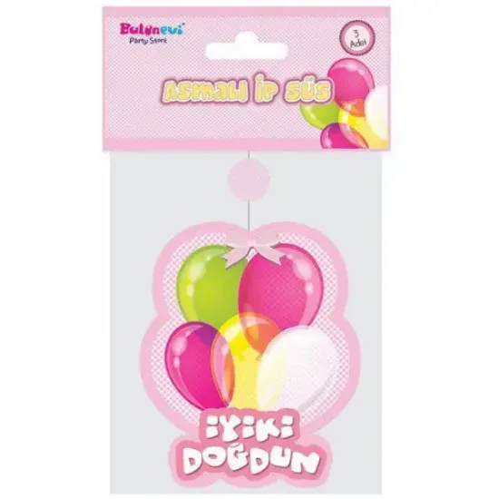 Pembe İyiki Doğdun Asmalı Süs Set 3'lü resmi