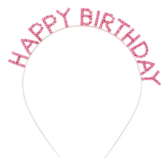 Pembe Kristal Taşlı Gold Happy Birthday Taçı resmi