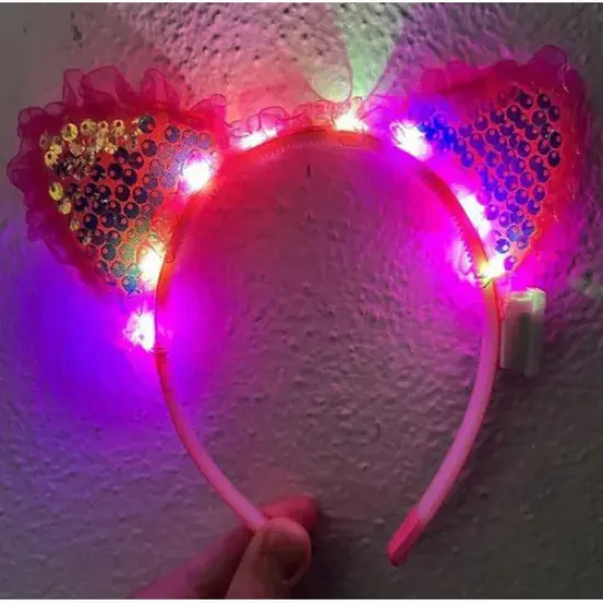 Pembe Pullu Led Işıklı Kedi Kulak Taç resmi
