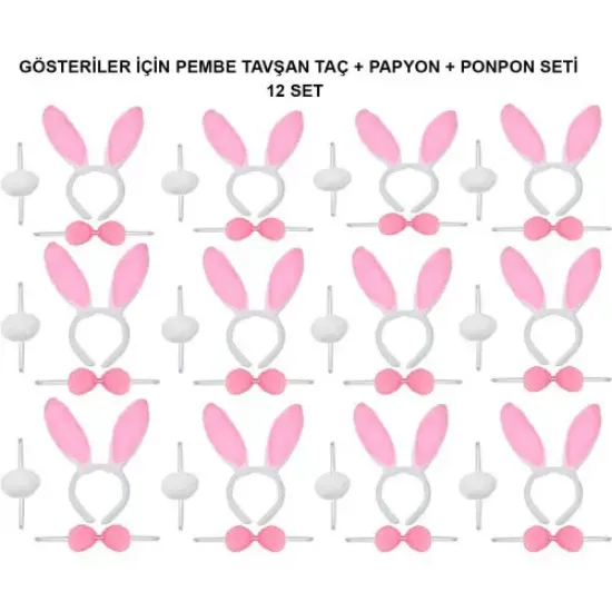Pembe Tavşan Kostüm Seti – Taç, Papyon, Ponpon (12’li Paket) resmi