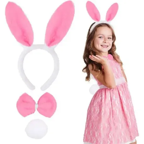 Pembe Tavşan Kostüm Seti – Taç, Papyon, Ponpon (12’li Paket) resmi