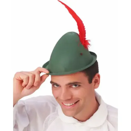 Peter Pan Şapkası Yeşil Renk Kırmızı Tüylü  resmi