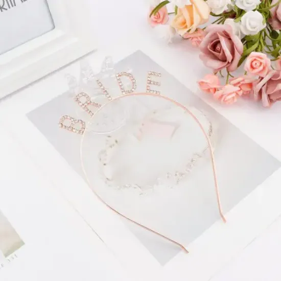 Rose Gold Bekarlığa Veda Kristal Taş Bride Tacı resmi