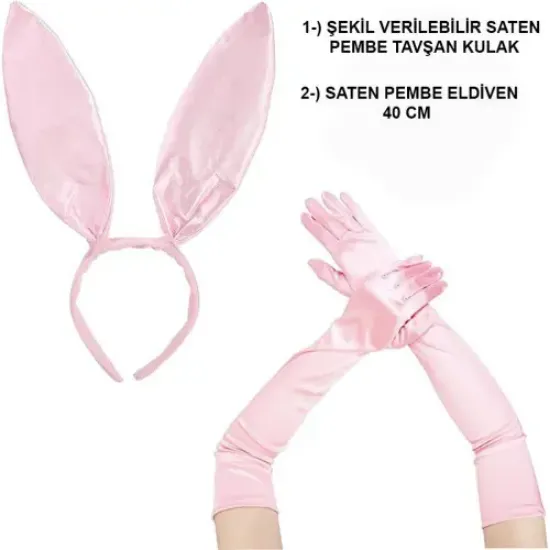 Saten Kaplama Soft Pembe Eldiven ve Tavşan Kulak 2'li Set resmi