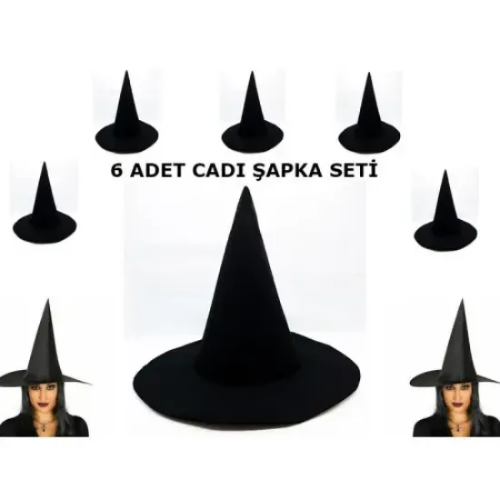 Siyah Cadı Şapkası Keçe Yetişkin Boy 6 Adet resmi