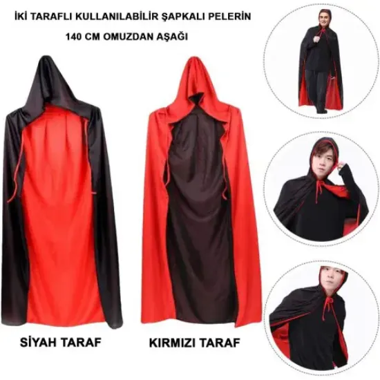 Siyah Kırmızı Çift Taraflı Kapişonlu Pelerin resmi