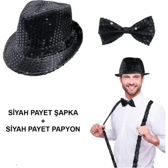 Siyah Payetli Şapka ve Papyon Seti – Parıltılı Yetişkin Kostüm Seti resmi