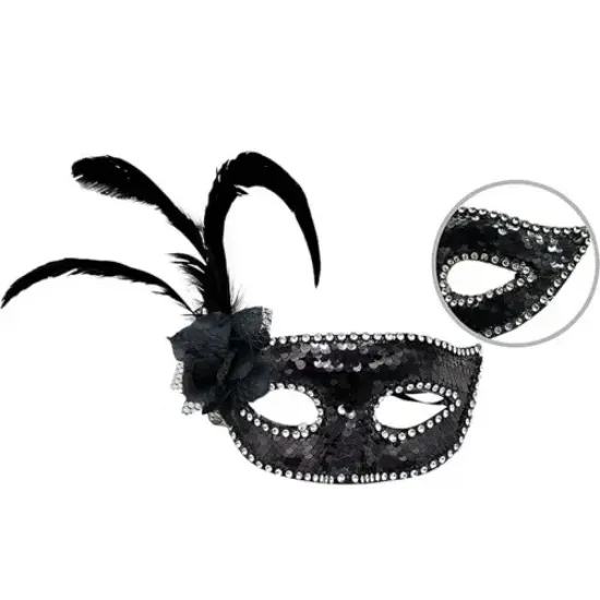 Siyah Yandan Tüylü Güllü Taşlı Pullu Maske resmi