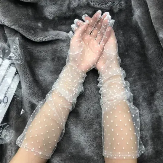 Uzun Boy Beyaz Puantiyeli Beyaz Renk Yetişkin Tül Eldiven resmi