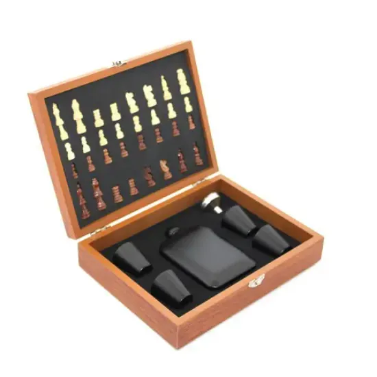 Ahşap Kutulu Satrançlı Matara Seti 6 oz  resmi
