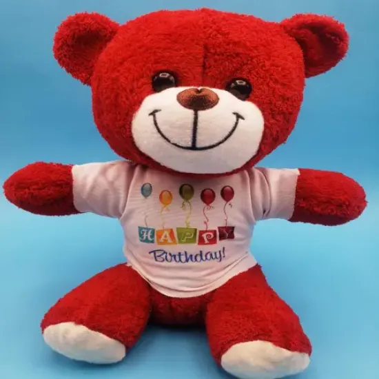 Happy Birthday Tişörtlü Peluş Kırmızı Ayıcık resmi