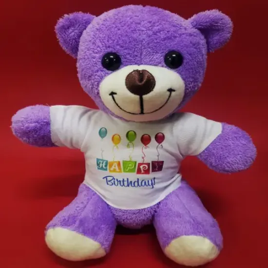 Happy Birthday Tişörtlü Peluş Mor Ayıcık resmi
